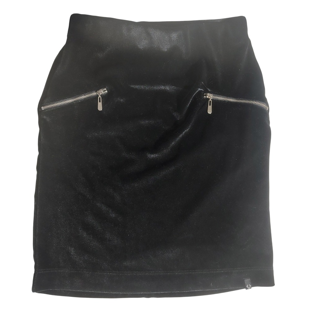 True Religion‎ Black Velvet Mini Skirt Zipper Pockets Shimmer Made in USA Small